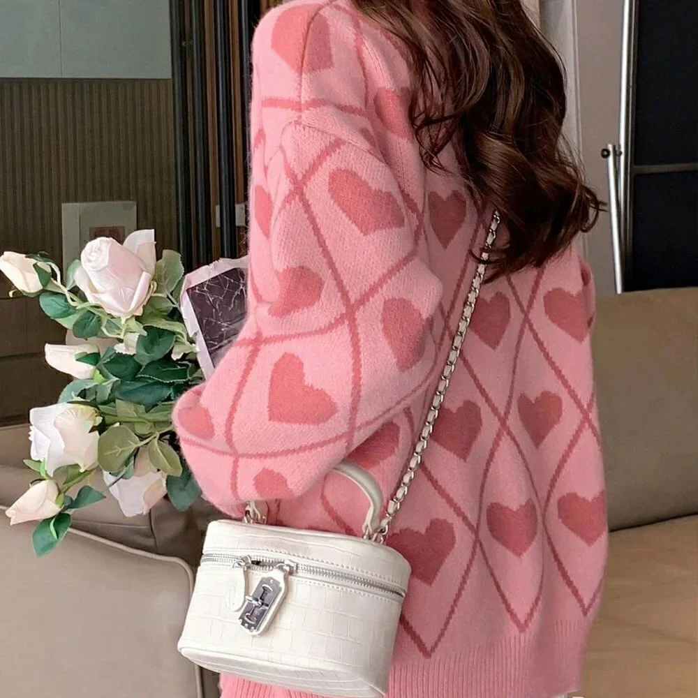 Pink Casual Womens Heart Pattern Drop Shoulder Oversized Sweater